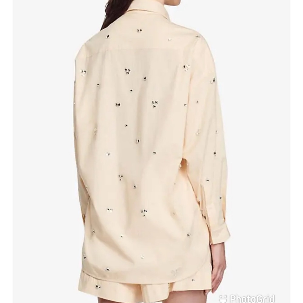 Sandro Rhinestone Cream Collared Shirt - Picture 2 of 12